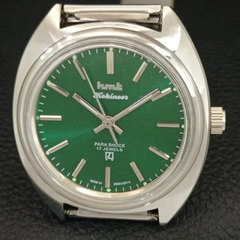 Vintage 1988 HMT Manual Wound Mens Silver Watch & Green accents